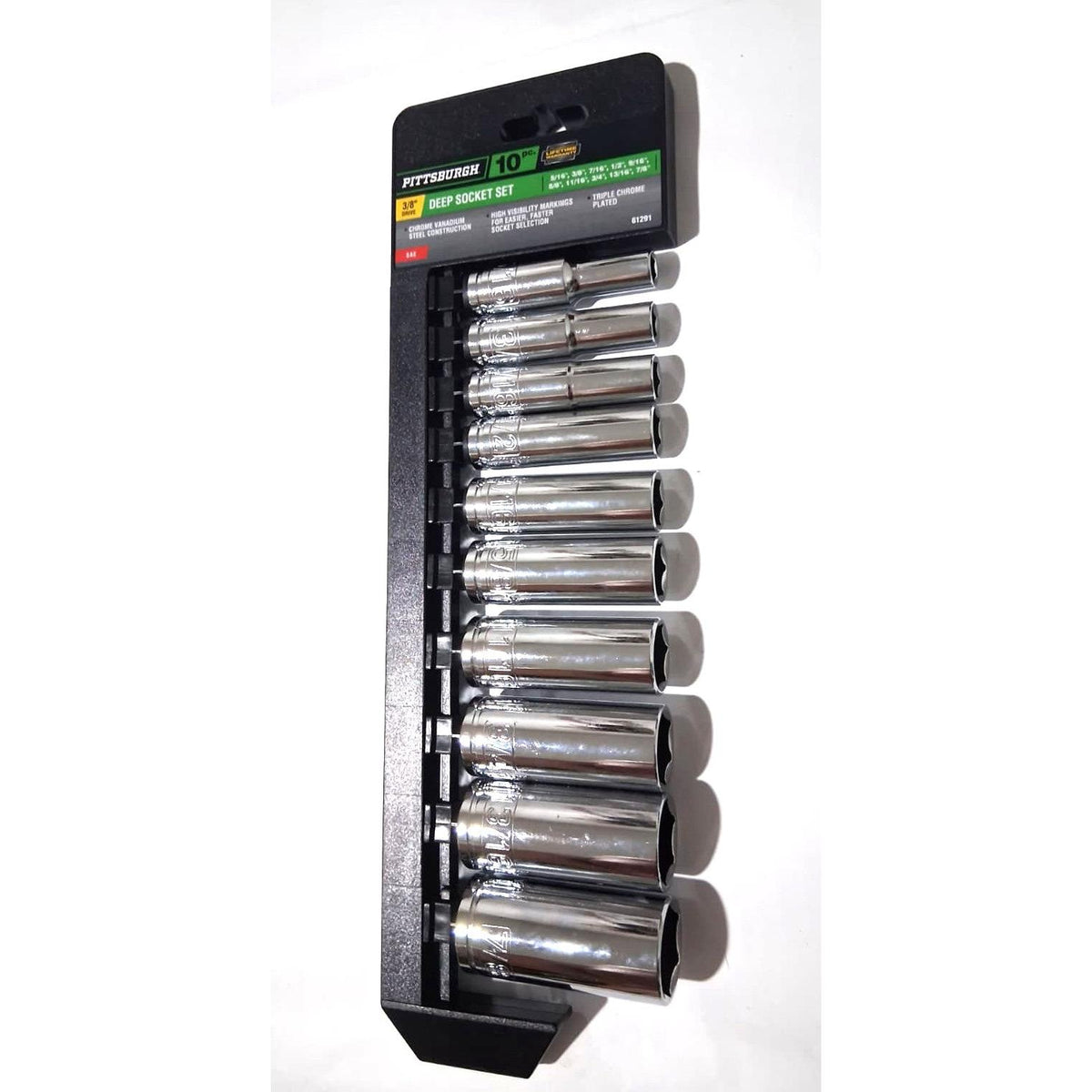 Pittsburgh 10-Piece Deep Socket Set – 3/8" Drive, SAE, Triple Chrome-Plated