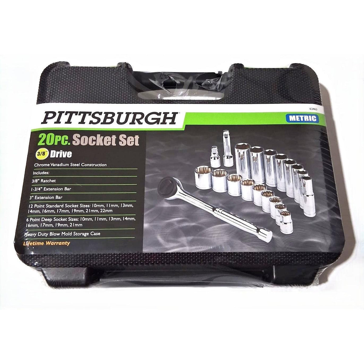 Pittsburgh 20-Piece Metric Socket Set – 3/8" Drive, Chrome Vanadium, Blow Mold Case
