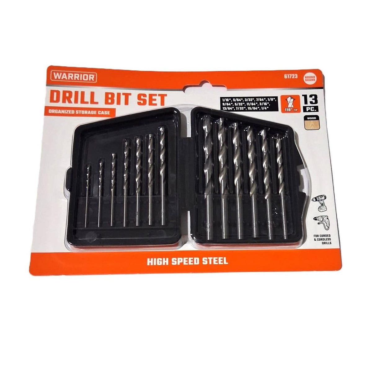 Warrior 13-Piece High Speed Steel Drill Bit Set – 118° Tip, Round Shank, Storage Case