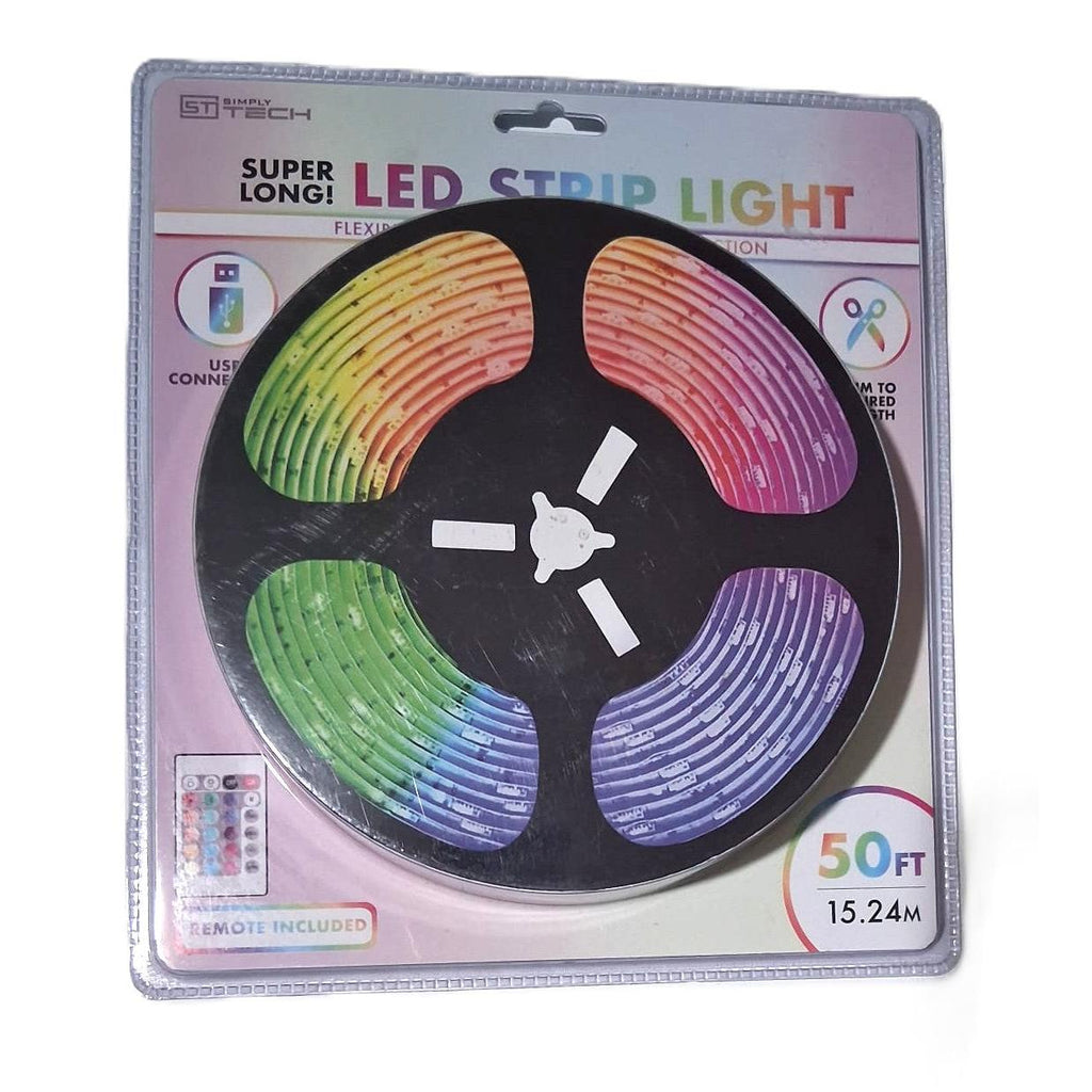 Tira LED RGB Multicolor 50 Pies (15.24m) – Simply Tech | USB | Control Remoto Incluido