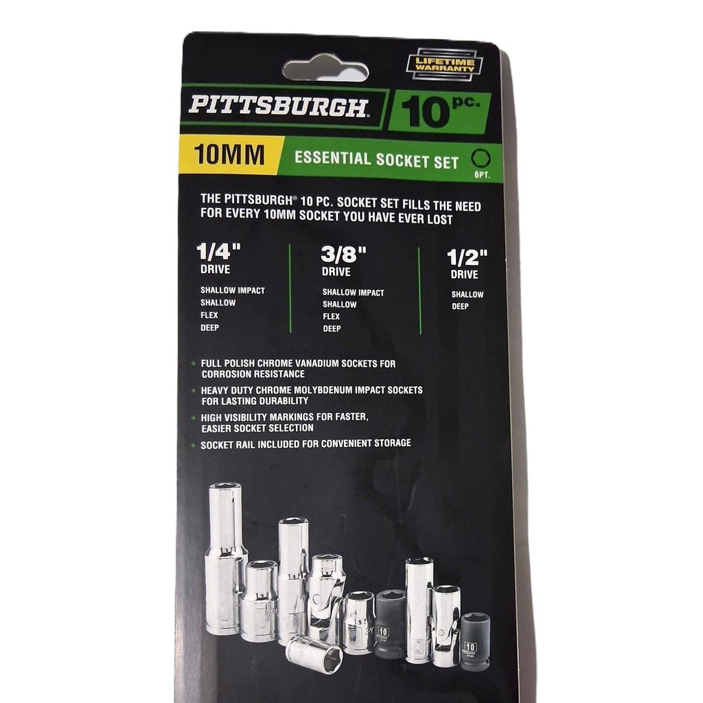 Pittsburgh 10-Piece 10mm Essential Socket Set – 1/4", 3/8" & 1/2" Drive, Metric