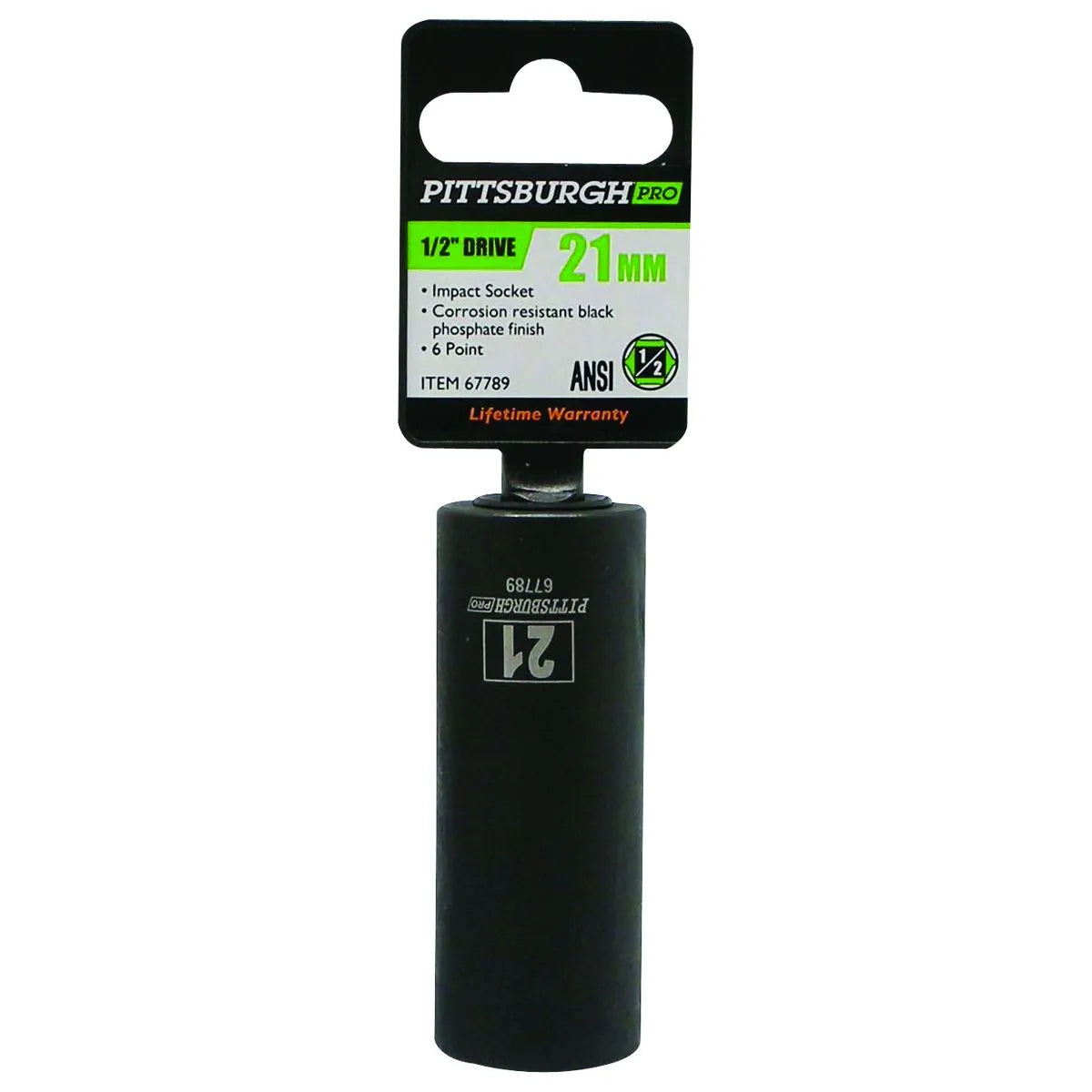 Pittsburgh Pro 21mm Deep Impact Socket – 1/2" Drive, 6-Point, Black Phosphate