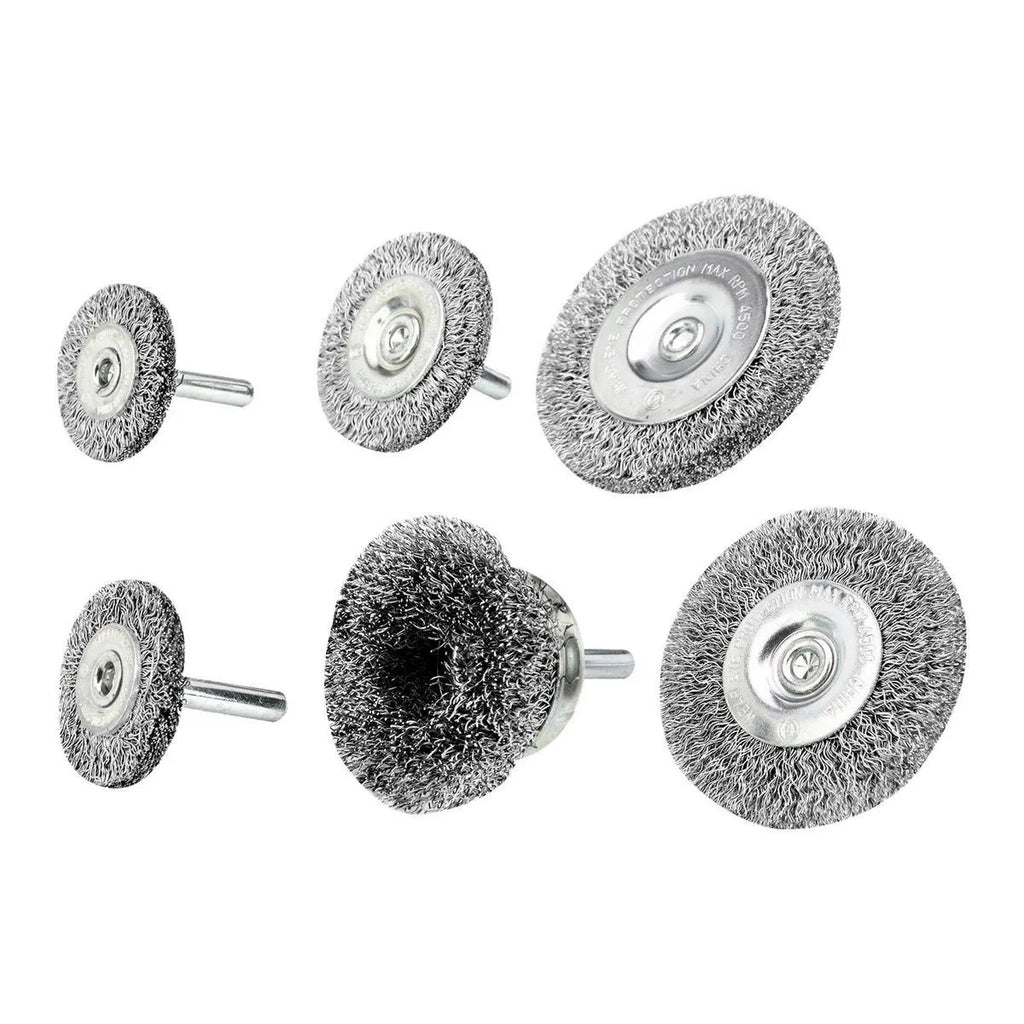 Warrior 6-Piece Wire Wheel and Cup Brush Set – Crimped Carbon Steel, 1/4" Shank