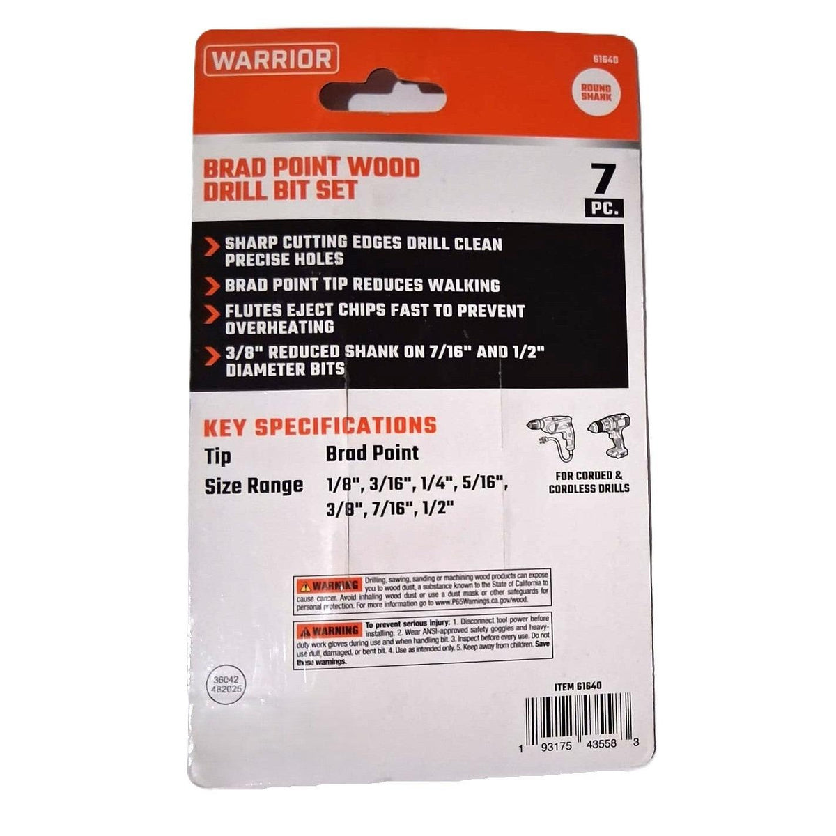 Warrior 7-Piece Brad Point Wood Drill Bit Set – Black Oxide, Round Shank, 1/8"–1/2"