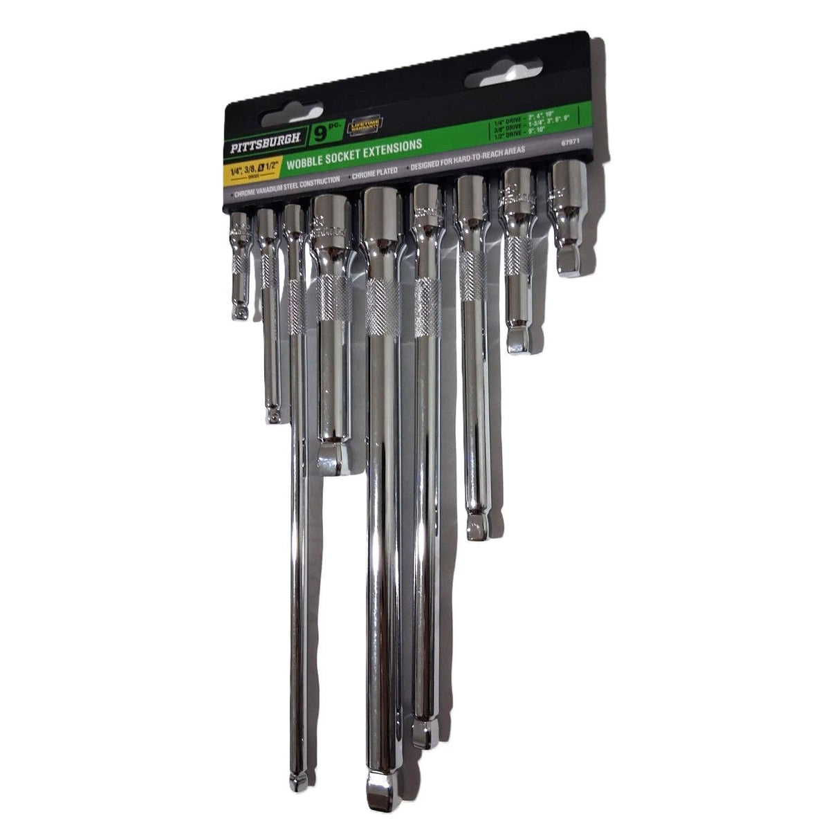 Pittsburgh 9-Piece Wobble Socket Extension Set – 1/4", 3/8" & 1/2" Drive, Chrome Vanadium