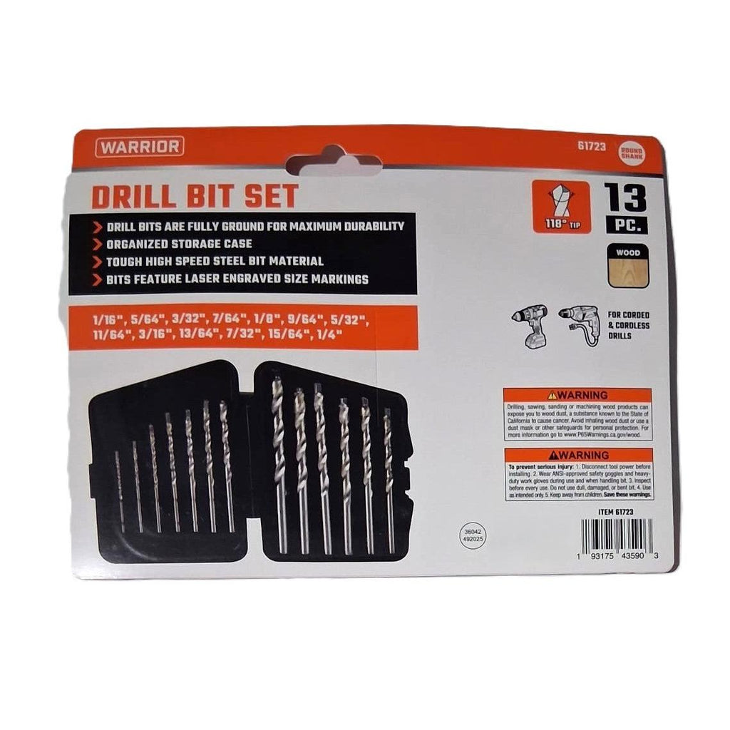 Warrior 13-Piece High Speed Steel Drill Bit Set – 118° Tip, Round Shank, Storage Case