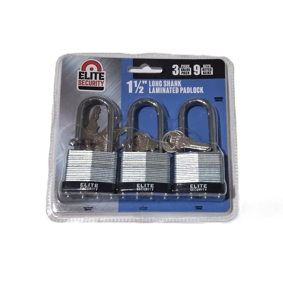 Elite Security 3-Pack 1-1/2" Long Shank Laminated Padlocks – Keyed Alike (9 Keys)