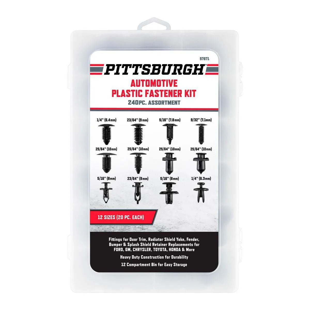 Pittsburgh Automotive Plastic Fastener Kit 240 Piezas 12 Tamanos Item 57671
