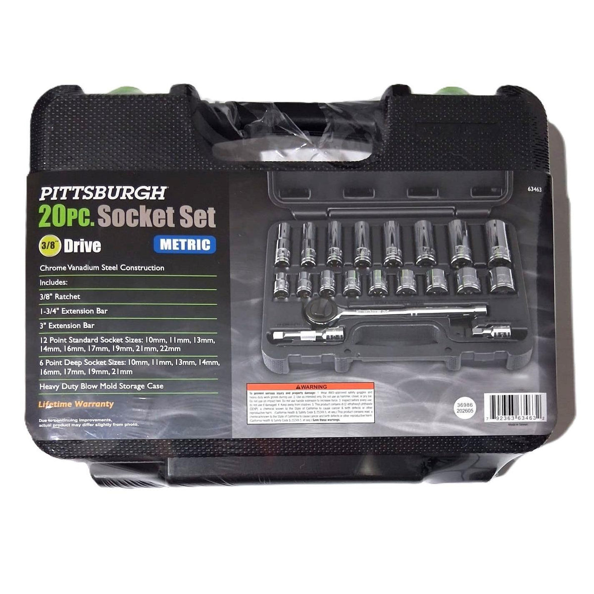 Pittsburgh 20-Piece Metric Socket Set – 3/8" Drive, Chrome Vanadium, Blow Mold Case