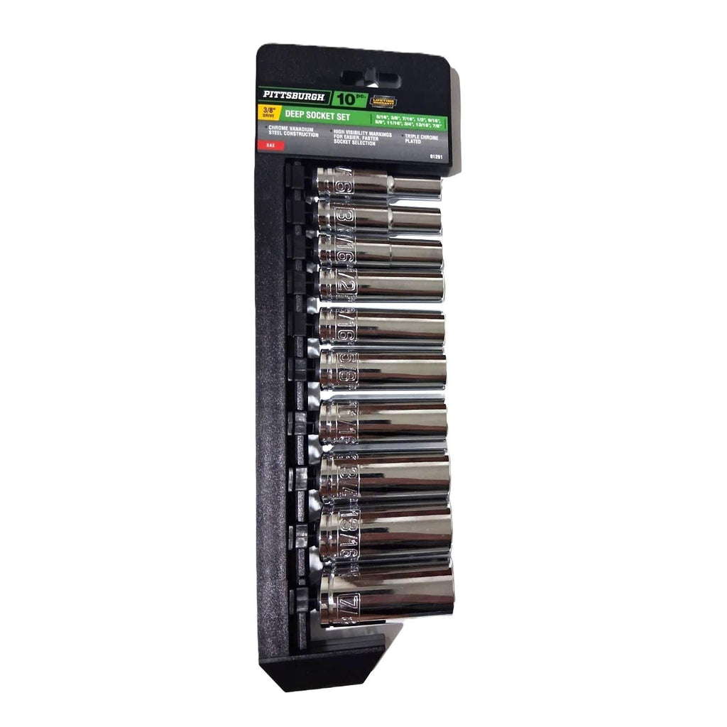 Pittsburgh 10-Piece Deep Socket Set – 3/8" Drive, SAE, Triple Chrome-Plated