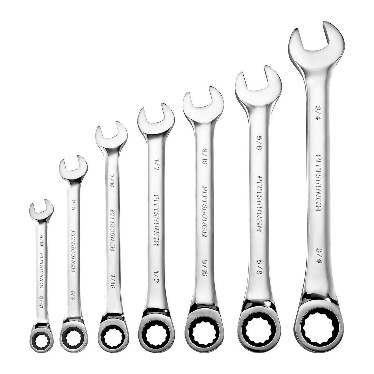 Pittsburgh 7-Piece SAE Ratcheting Combo Wrench Set – 72-Tooth, Triple Chrome, ANSI