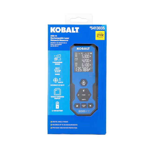 Kobalt 200 ft Rechargeable Laser Distance Measurer – 9 Modes, Backlit Display (5413035)