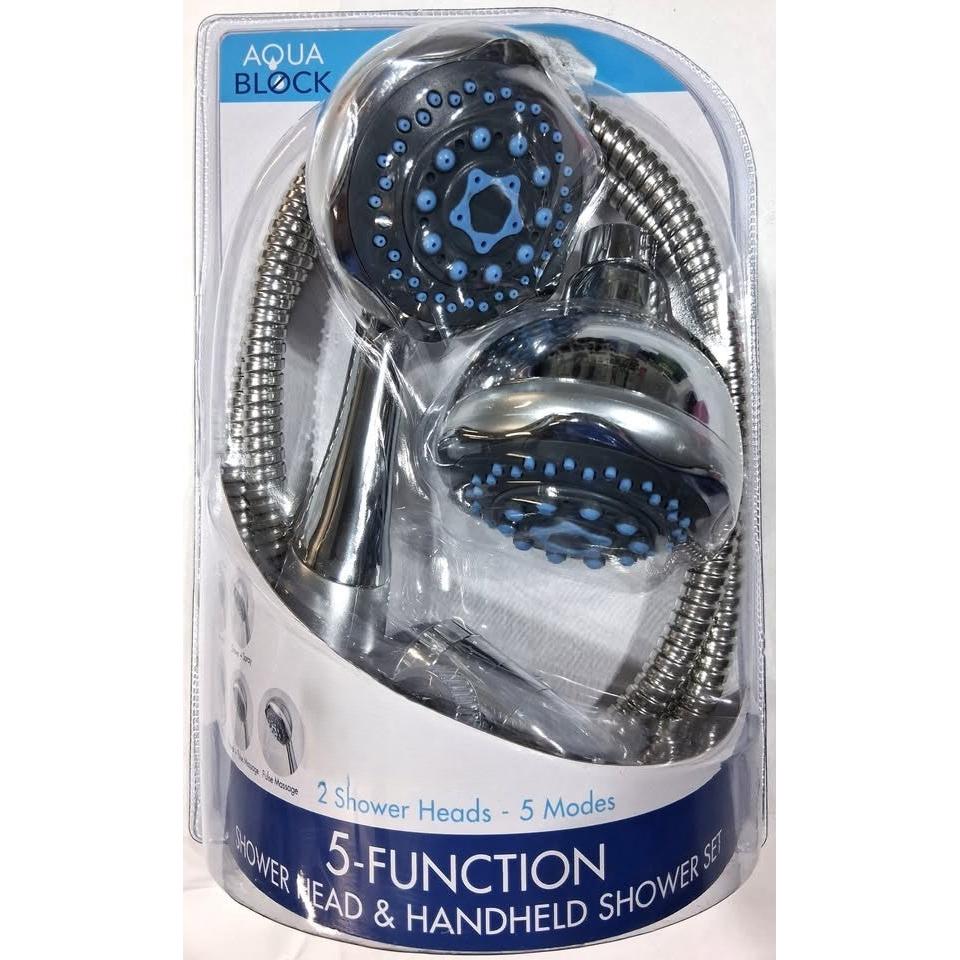Aqua Block 5-Function Shower Head & Handheld Shower Set – 2 Heads, 3-Way Diverter