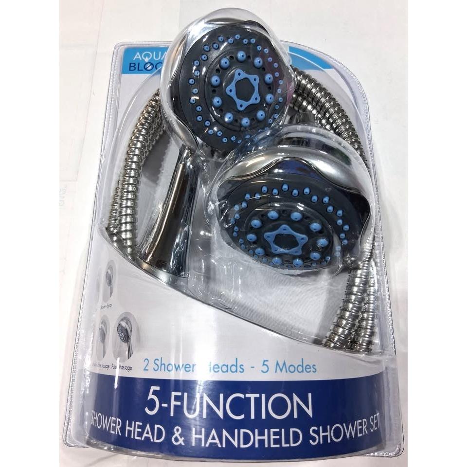 Aqua Block 5-Function Shower Head & Handheld Shower Set – 2 Heads, 3-Way Diverter