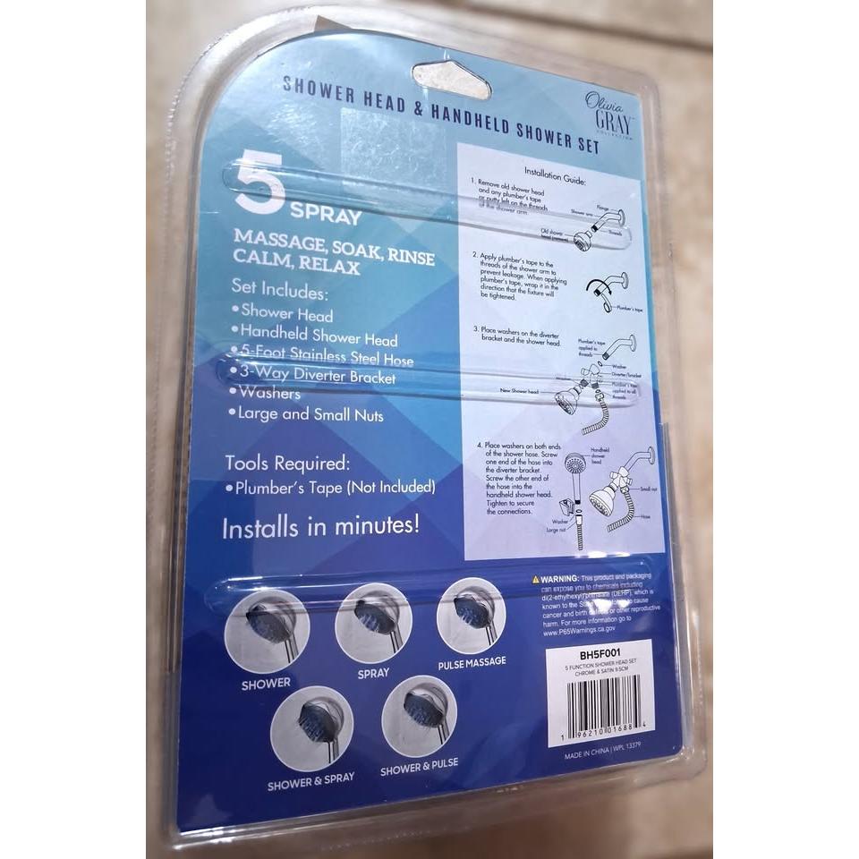 Olivia Gray 5-Spray Shower Head & Handheld Shower Set – 3-Way Diverter