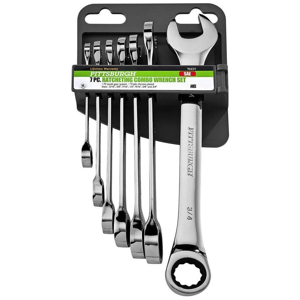 Pittsburgh 7-Piece SAE Ratcheting Combo Wrench Set – 72-Tooth, Triple Chrome, ANSI