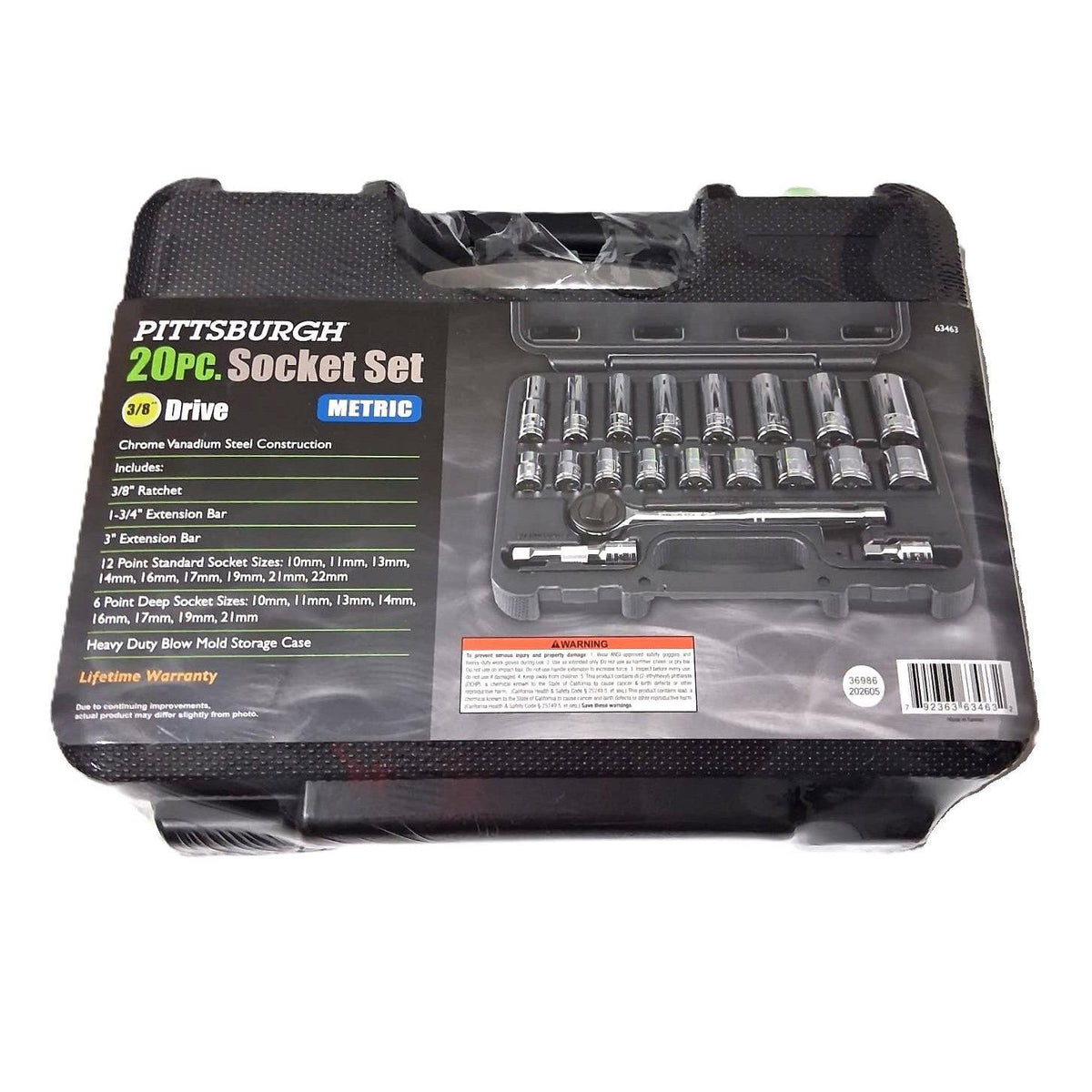 Pittsburgh 20-Piece Metric Socket Set – 3/8" Drive, Chrome Vanadium, Blow Mold Case