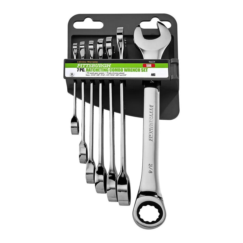 Pittsburgh 7-Piece SAE Ratcheting Combo Wrench Set – 72-Tooth, Triple Chrome, ANSI