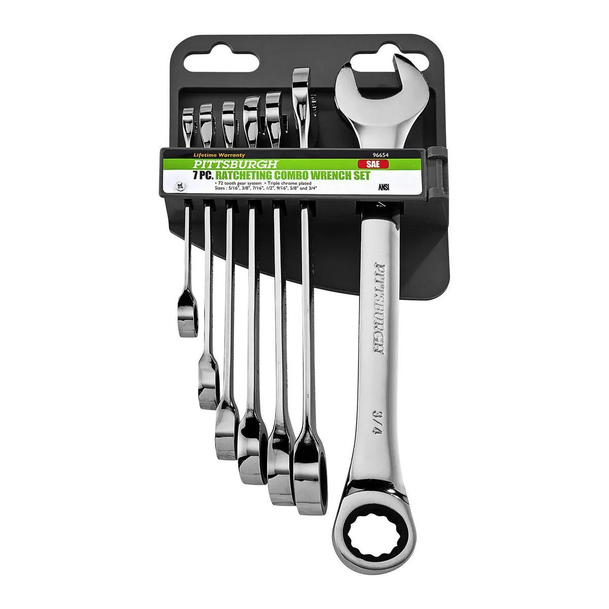 Pittsburgh 7-Piece SAE Ratcheting Combo Wrench Set – 72-Tooth, Triple Chrome, ANSI