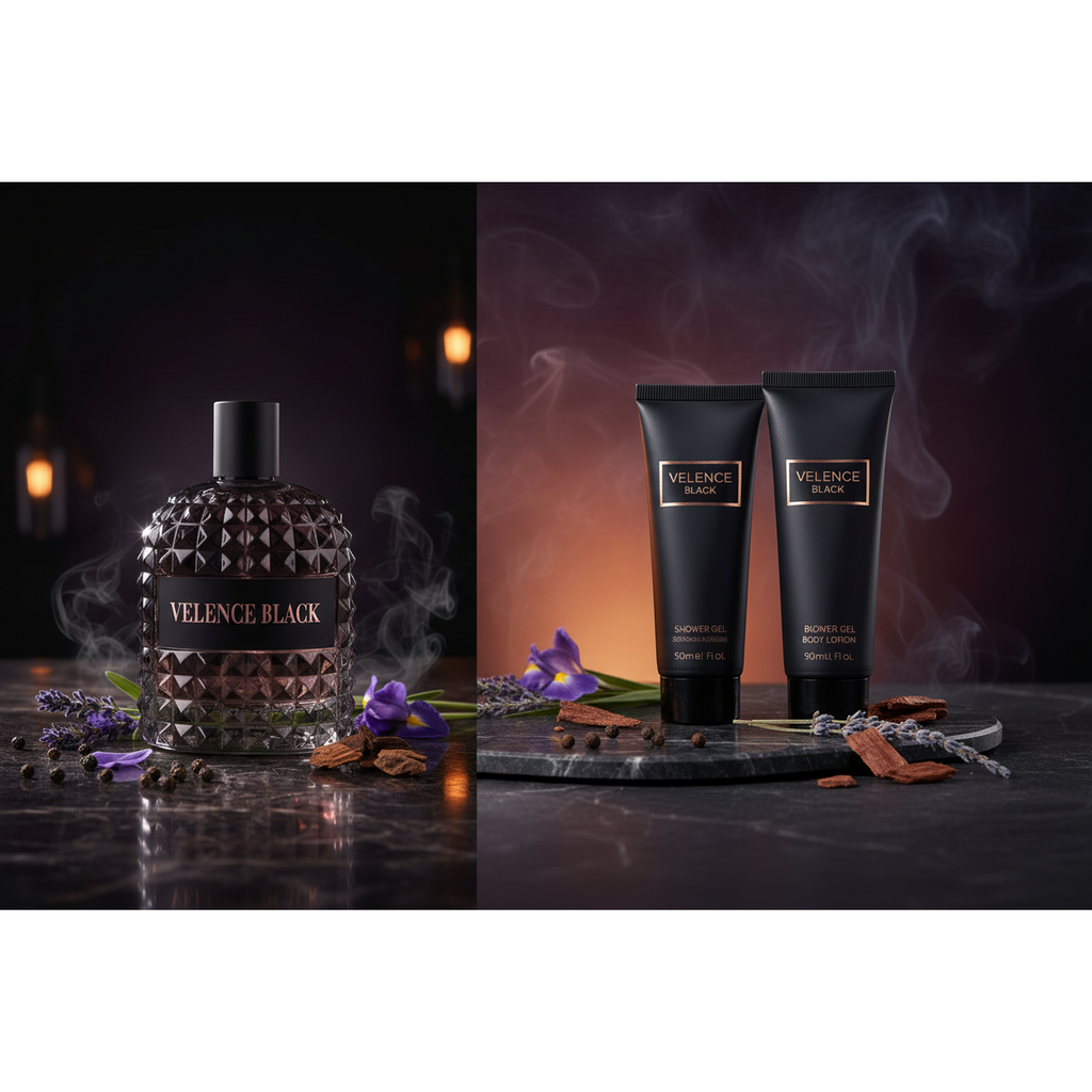 Velence Black Gift Set for Men – Eau de Parfum 110 ml + Shower Gel 90 ml + Body Lotion 90 ml