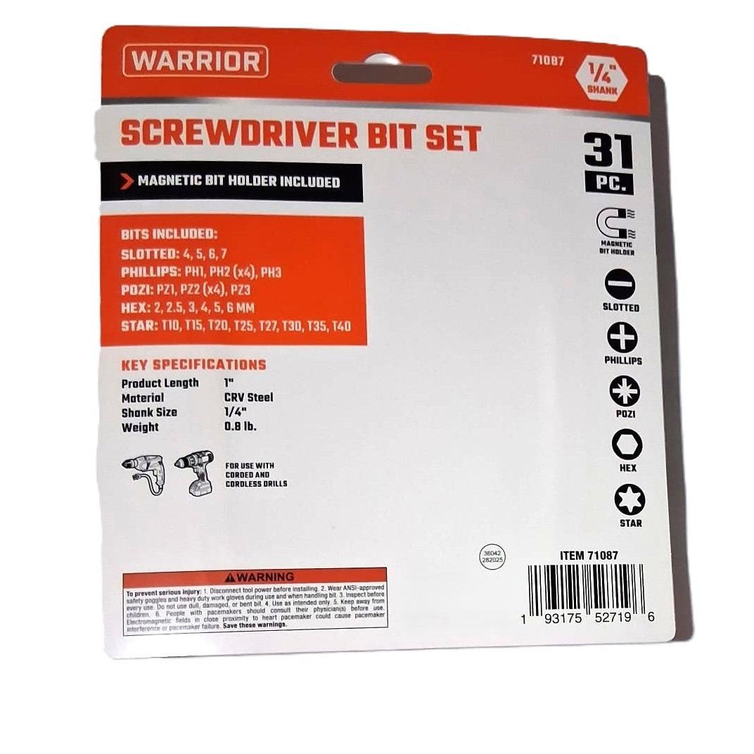 Warrior 31-Piece Screwdriver Bit Set – 1/4" Shank, CRV Steel, Magnetic Bit Holder