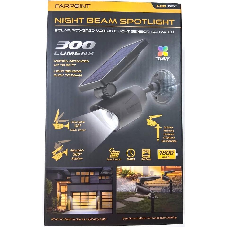 Farpoint Night Beam Spotlight Solar 300 Lumens Sensor Movimiento Dusk to Dawn IP64 Negro | LED TEC