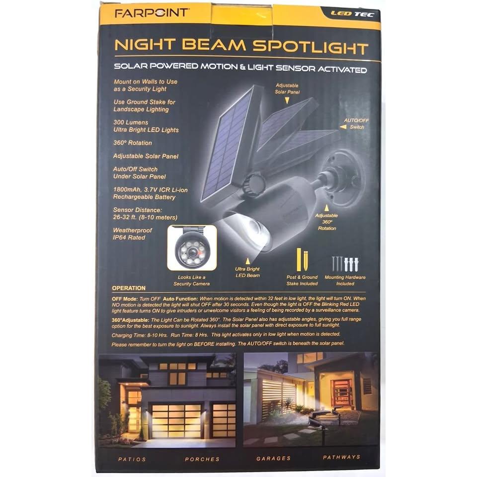 Farpoint Night Beam Spotlight Solar 300 Lumens Sensor Movimiento Dusk to Dawn IP64 Negro | LED TEC