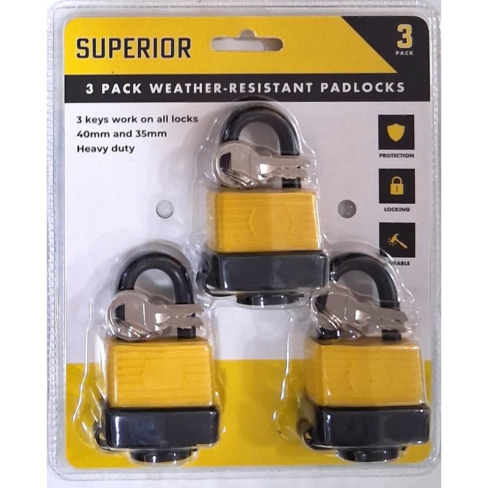 Superior 3-Pack Weather-Resistant Padlocks – 40mm & 35mm, Keyed Alike