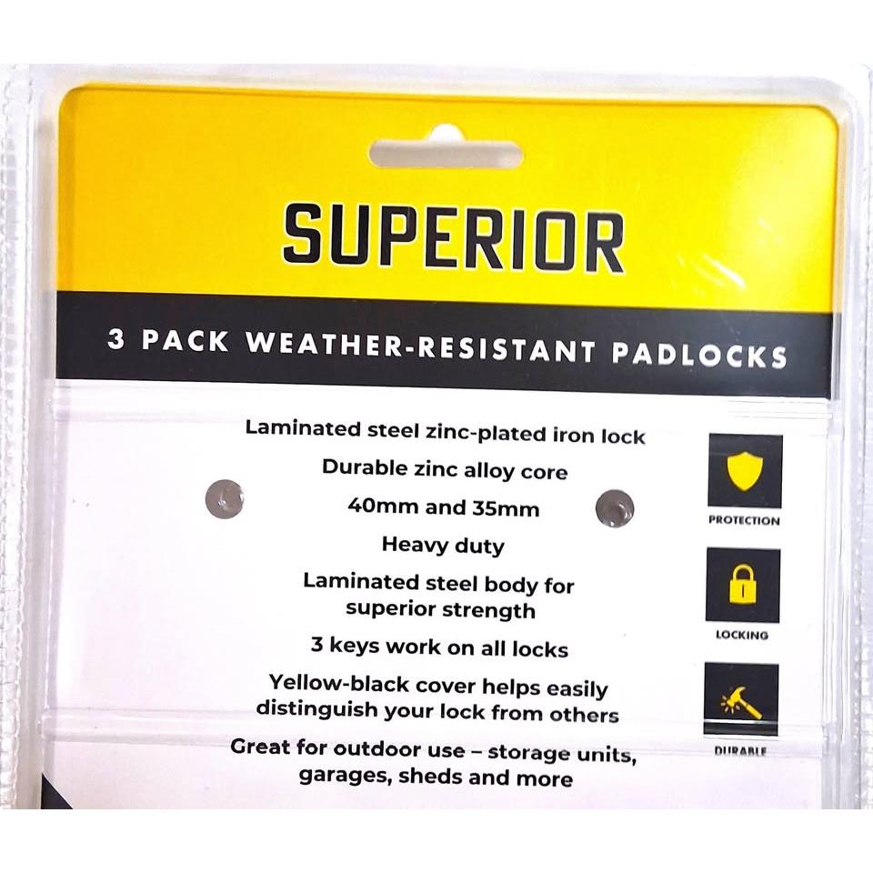 Superior 3-Pack Weather-Resistant Padlocks – 40mm & 35mm, Keyed Alike