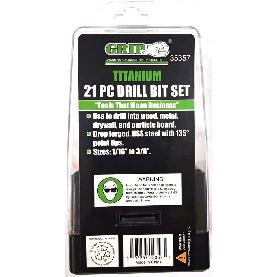 Set 21 Brocas Titanio GRIP – HSS Drop Forged | Punta 135° | 1/16" a 3/8" | Madera, Metal, Drywall y Particle Board | Estuche Transparente