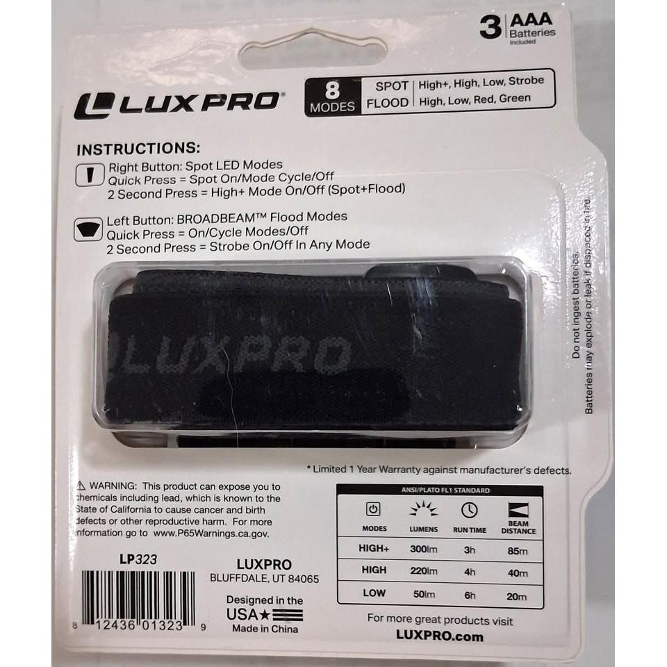 LUXPRO LP323 Multi-Color BroadBeam LED Headlamp 300 Lumens 8 Modos Spot Flood Blanco Verde Rojo 3 AAA
