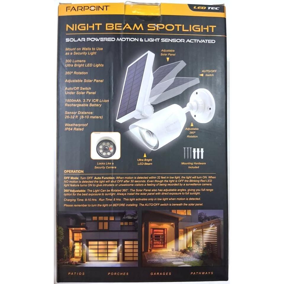 Farpoint Night Beam Spotlight Solar 300 Lumens Sensor Movimiento Dusk to Dawn IP64 Blanco | LED TEC