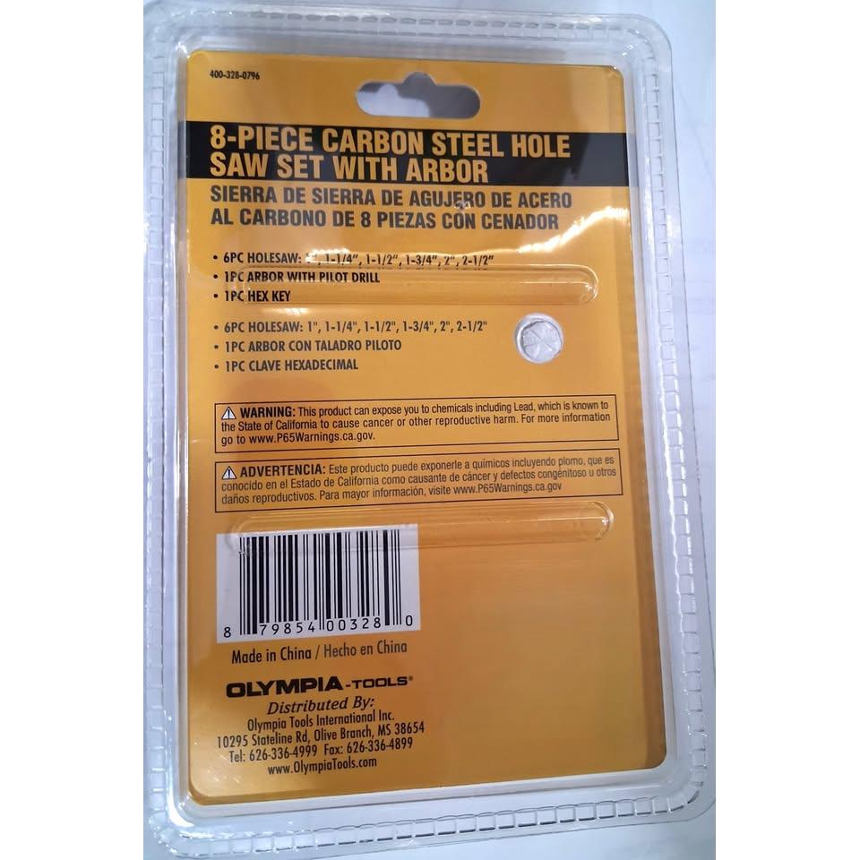 Olympia Tools 8-Piece Carbon Steel Hole Saw Set with Arbor (400-328-0796)