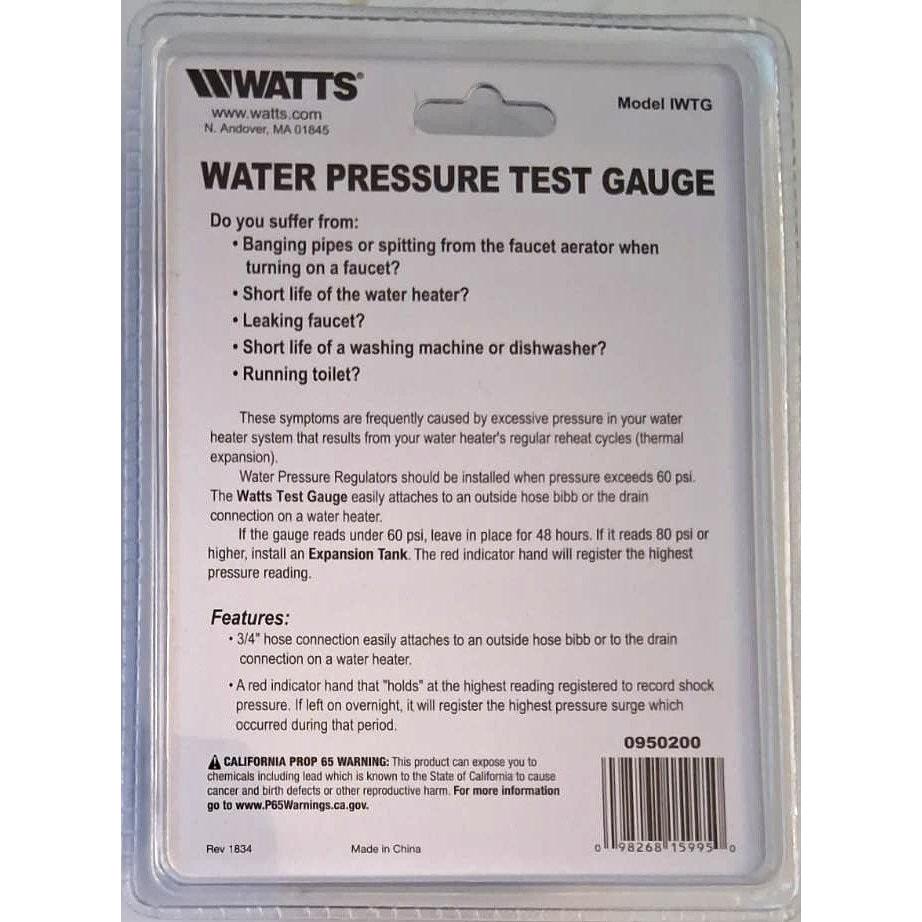 Watts Water Pressure Test Gauge – 3/4" Hose Connection, 0-200 PSI (IWTG)