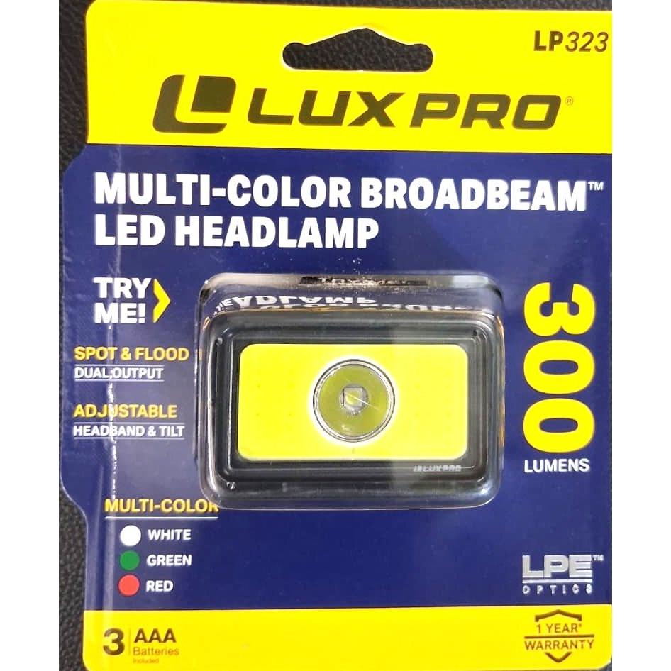 LUXPRO LP323 Multi-Color BroadBeam LED Headlamp 300 Lumens 8 Modos Spot Flood Blanco Verde Rojo 3 AAA