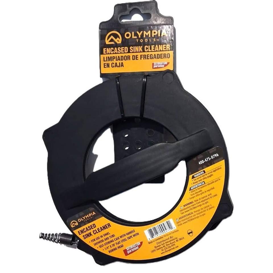 Olympia Tools Encased Sink Cleaner – 1/4" x 20 ft Flat Steel Drain Snake with Case