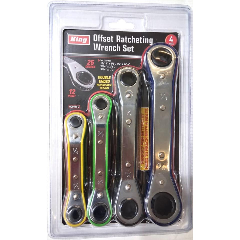 Set 4 Llaves Matraca Offset SAE King – 25° | 12 Puntas | Double Ended Reversible | 1/4"-11/16" | Acero Tratado Térmicamente | Modelo 0009R-0