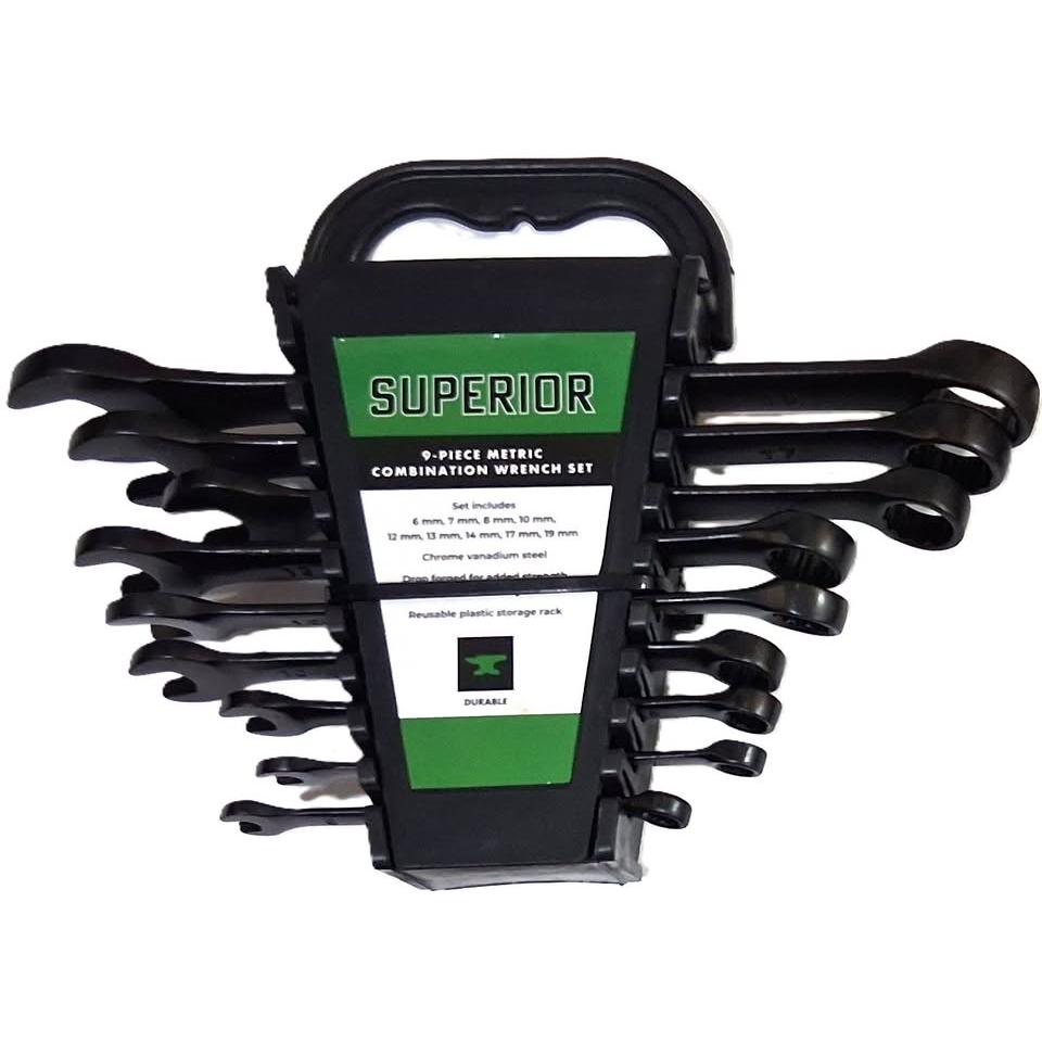 SUPERIOR Juego 9 Llaves Combinadas Métrico Chrome Vanadium Acabado Negro 6mm a 19mm