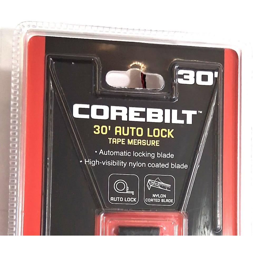 CoreBilt 30' Auto Lock Tape Measure – Red, Nylon-Coated Blade