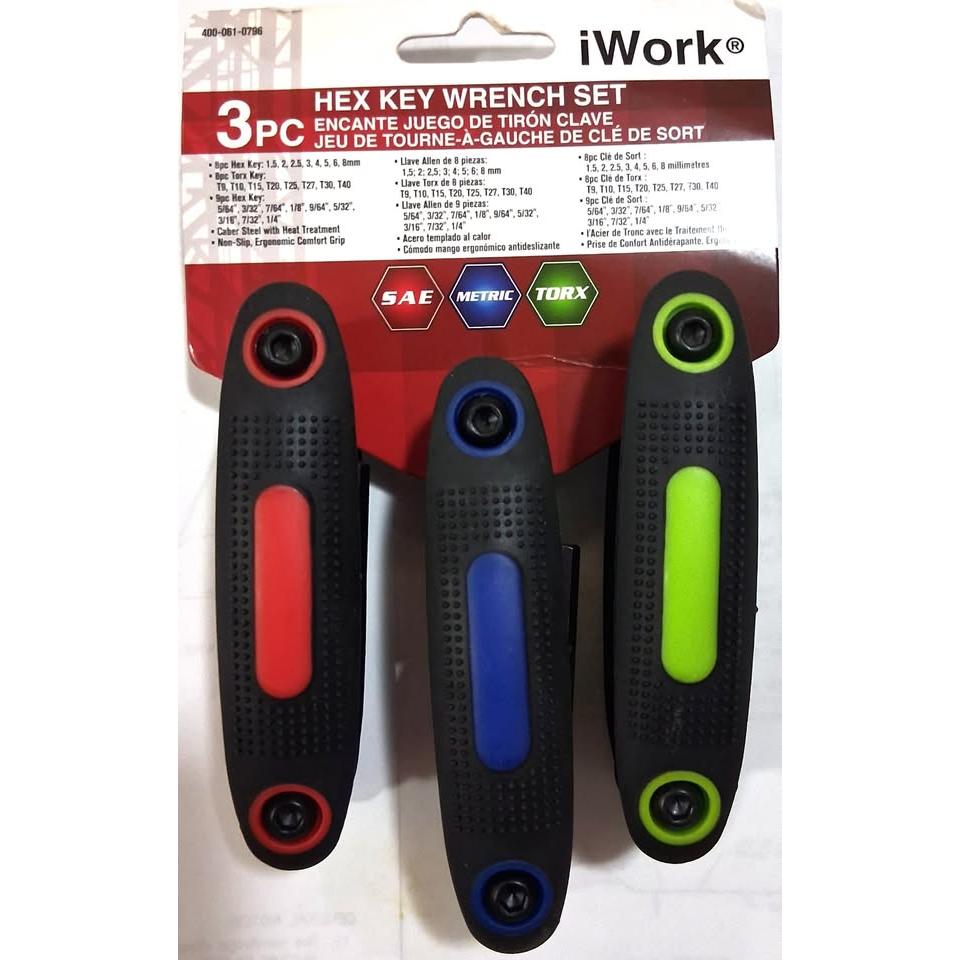 Set 3 Llaves Allen Plegables iWork – SAE + Métrico + Torx | Acero Tratado Térmicamente | Mango Ergonómico Antideslizante | Modelo 400-061-0796