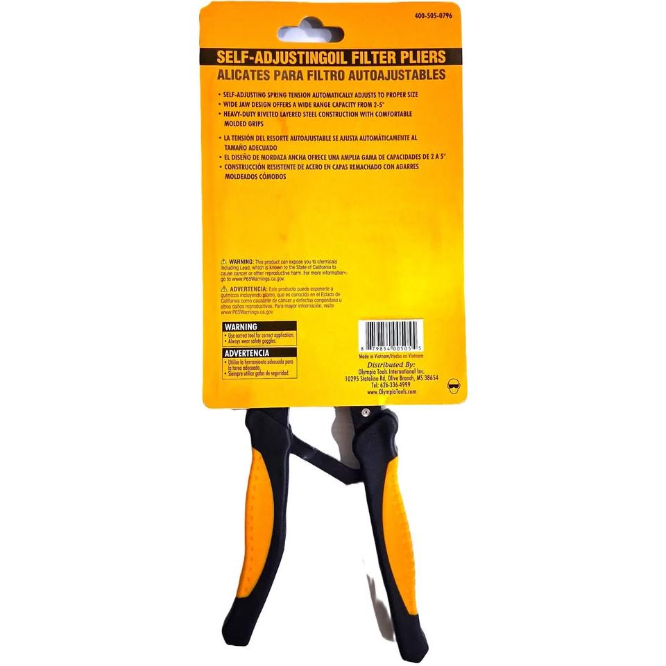 Olympia Tools Alicate Autoajustable Filtro Aceite 2"-5" — Acero Remachado Mangos Ergónomicos
