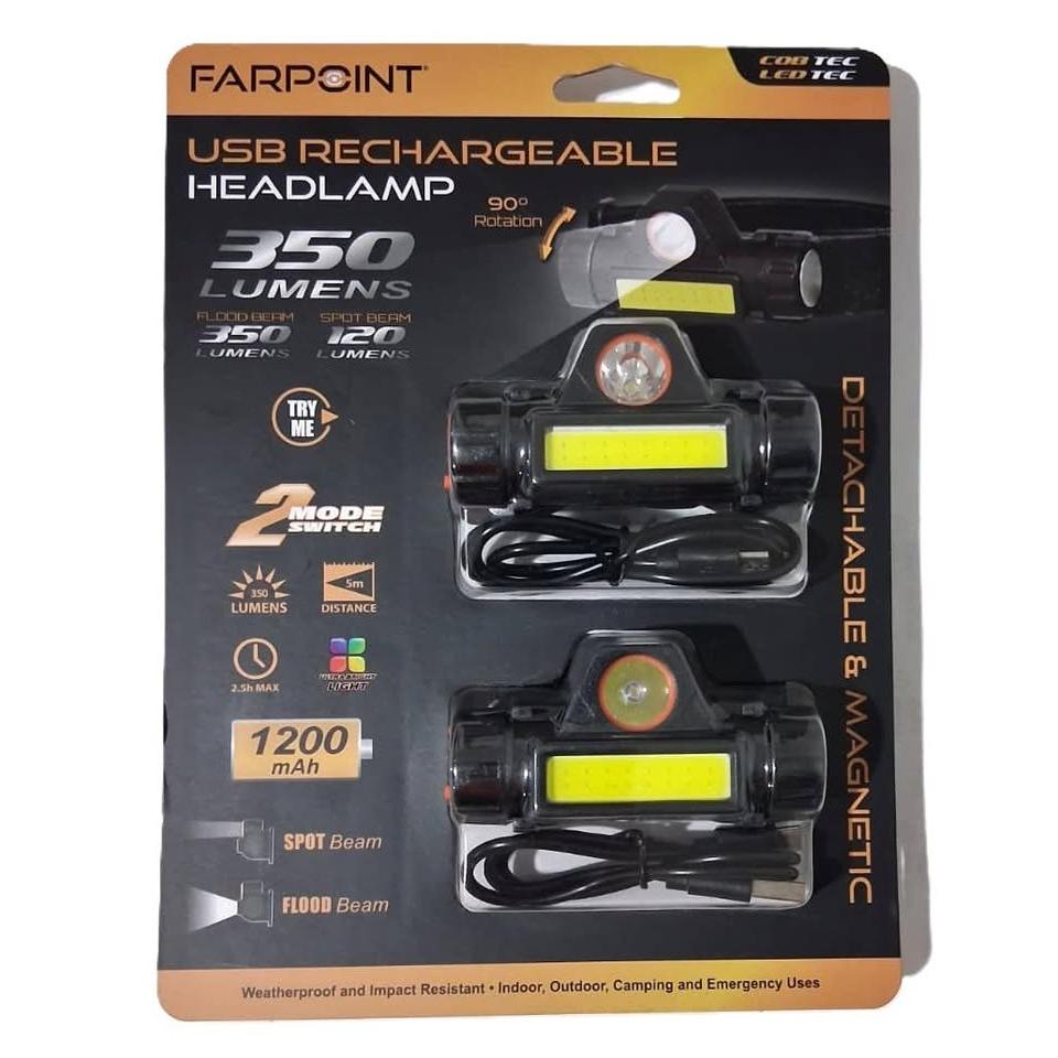 Farpoint USB Rechargeable Headlamp 2-Pack 350LM Flood 120LM Spot Detachable Magnetic 90 FLHR35206