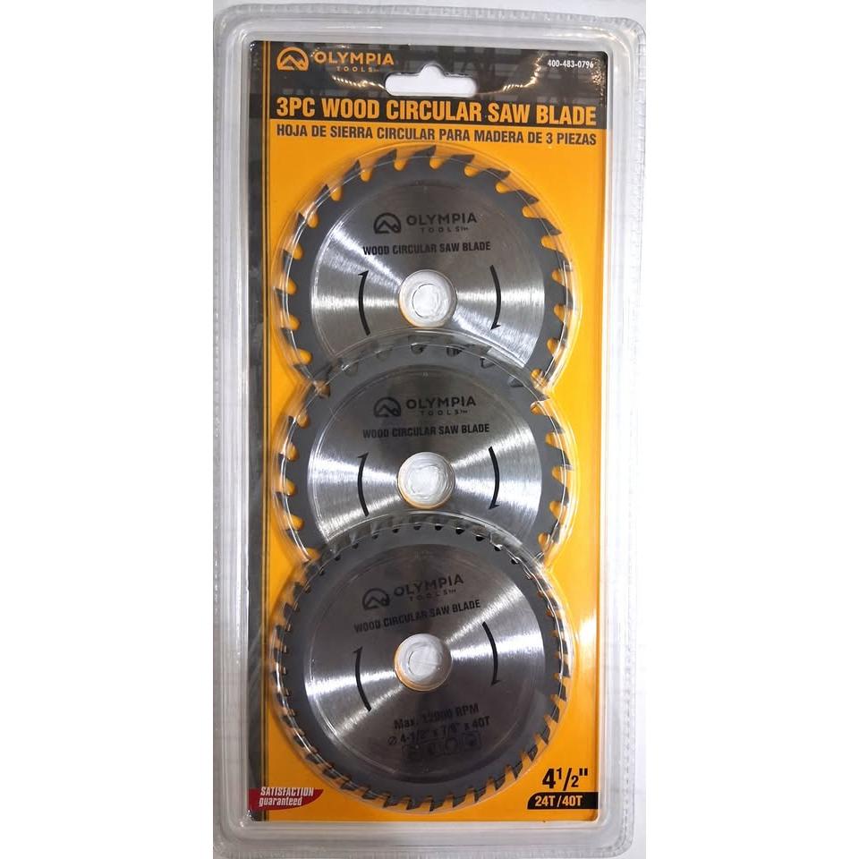 Set 3 Hojas Sierra Circular Madera 4-1/2" Olympia Tools – 2x 24T + 1x 40T | Árbol 7/8" | 12,000 RPM | Satisfaction Guaranteed