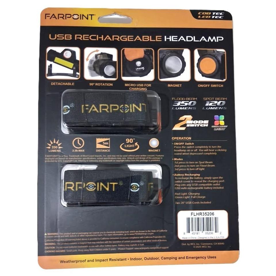 Farpoint USB Rechargeable Headlamp 2-Pack 350LM Flood 120LM Spot Detachable Magnetic 90 FLHR35206