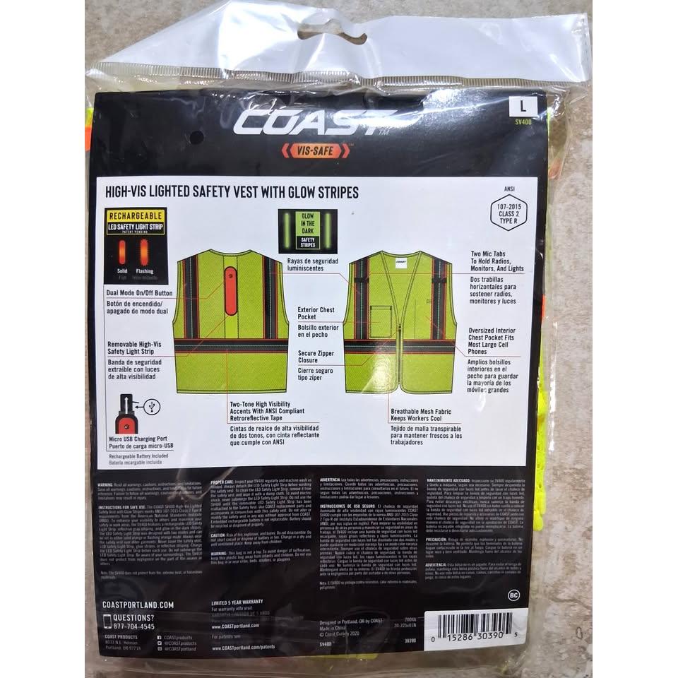 Coast Vis-Safe SV400 High-Vis Lighted Safety Vest – Rechargeable LED, ANSI Class 2 (Size L)