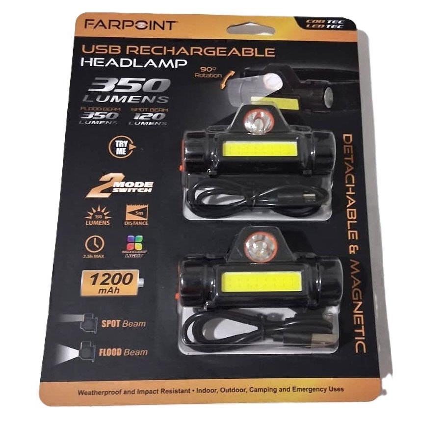 Farpoint USB Rechargeable Headlamp 2-Pack 350LM Flood 120LM Spot Detachable Magnetic 90 FLHR35206