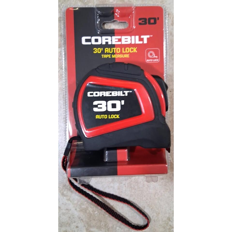 CoreBilt 30' Auto Lock Tape Measure – Red, Nylon-Coated Blade
