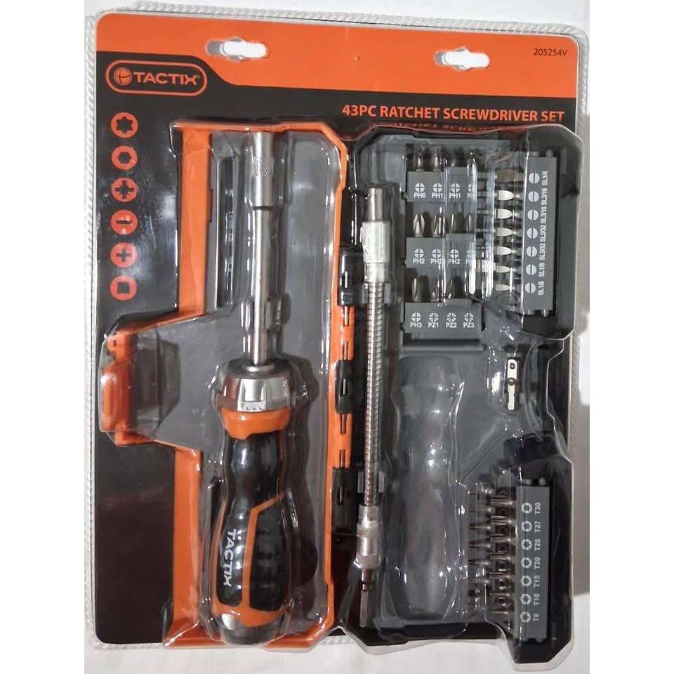 Set 43 Piezas Destornillador Ratchet TACTIX – Long Reach | Barra Extensión Flexible | 40 Puntas PH, PZ, Slotted, Square, Hex y Torx | Modelo 205254V