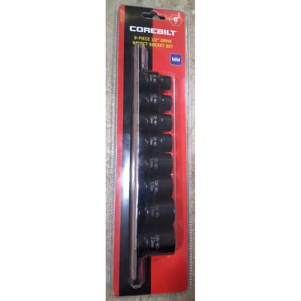 COREBILT Set 8 Dados de Impacto 1/2" Drive Métrico Cr-Mo 6PT Black Phosphate 10mm-22mm