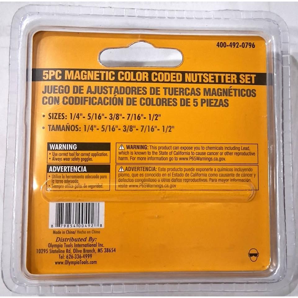 OLYMPIA TOOLS Set 5 Nutsetters Magnéticos SAE Codificación por Colores 1/4" a 1/2"